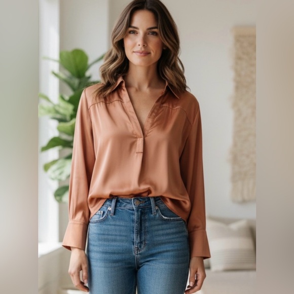 Maeve Tops - Maeve Anthropologie Copper Satin Blouse Women’s Large 100% Viscose Boho Chic
